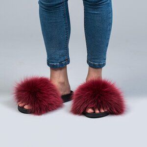 NEW GENUINE FOX FUR SLIDES SLIPPERS SHOES BURGUNDY SIZE EU 41 US 8 OR 9 - 1 PAIR
